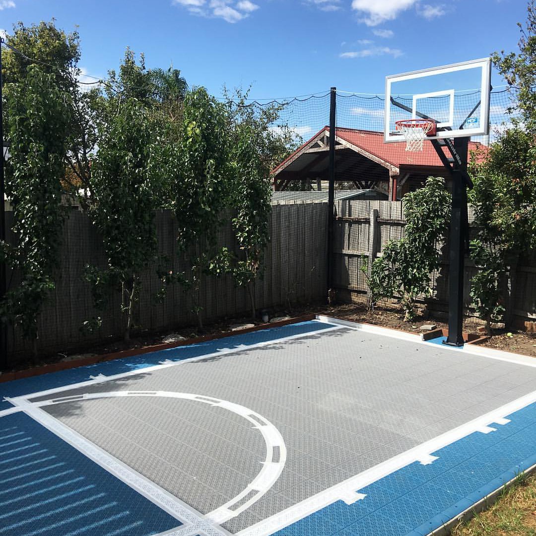 DIY Home Basketball Court Blue Grey Goalrilla Hoop MSF Sports PRO Tile